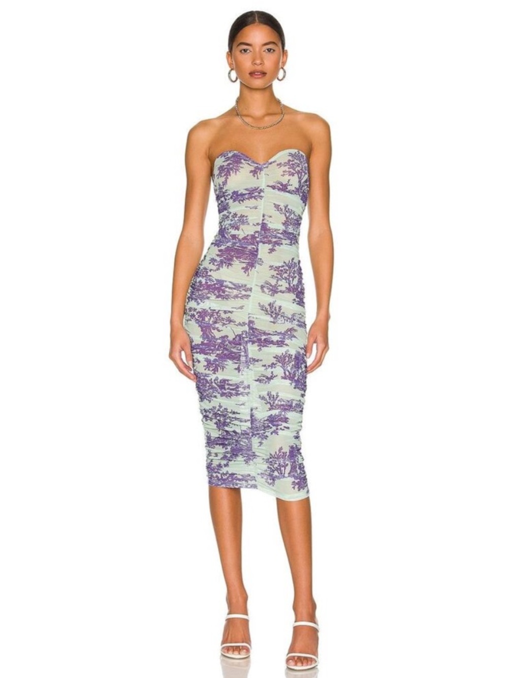 MIAOU Renzo Strapless Sweetheart Mesh‎ Ruched Midi Dress Womens Size L